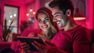Couple enjoying a sexy AI chat on a tablet in a cozy, intimate setting.
