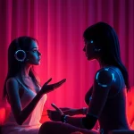 Engaging AI sexchat scene with a lifelike character in a cozy virtual setting.