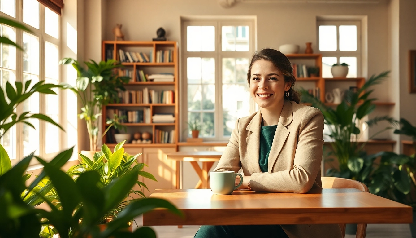 La femme discutant du style de vie moderne dans un café élégant, ambiance chaleureuse.