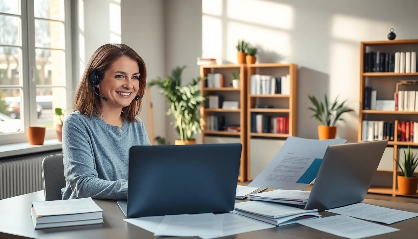 Un traducteur agréé professionnel travaillant consciencieusement à un bureau moderne entouré de documents de traduction.