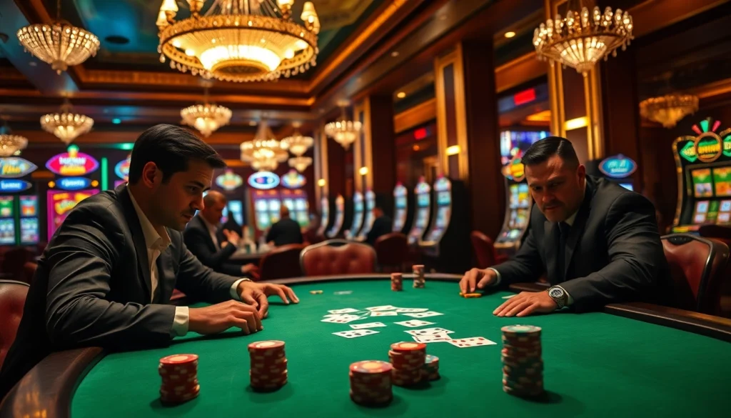 Découvrez le meilleur site de casino en ligne avec une table de poker, joueurs concentrés et ambiance luxueuse.