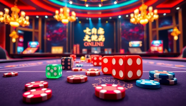 Tai Xiu online players engaging at a luxurious casino table with colorful dice and poker chips.