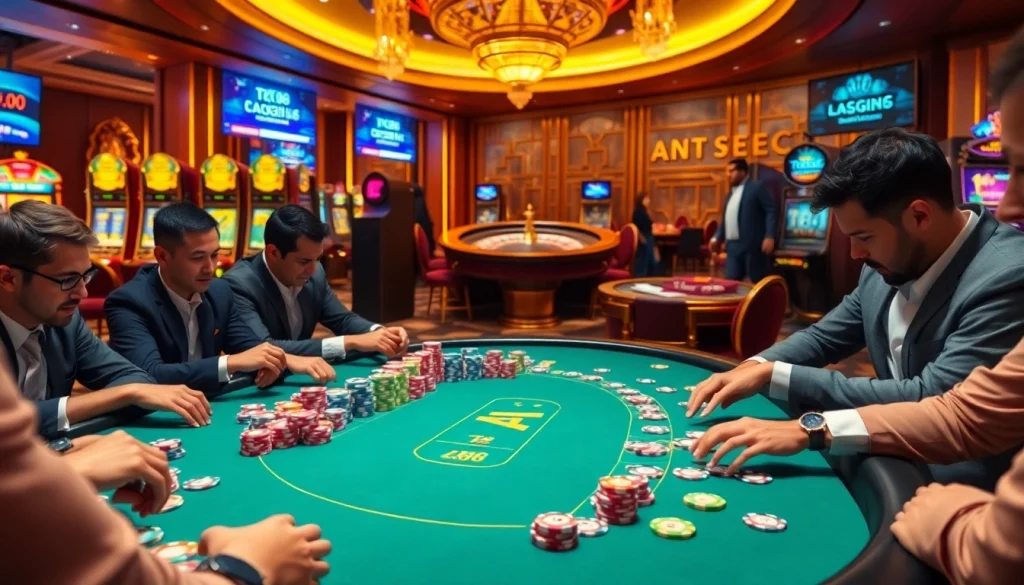 Players engage in a thrilling TK88 poker game at a luxurious casino table.
