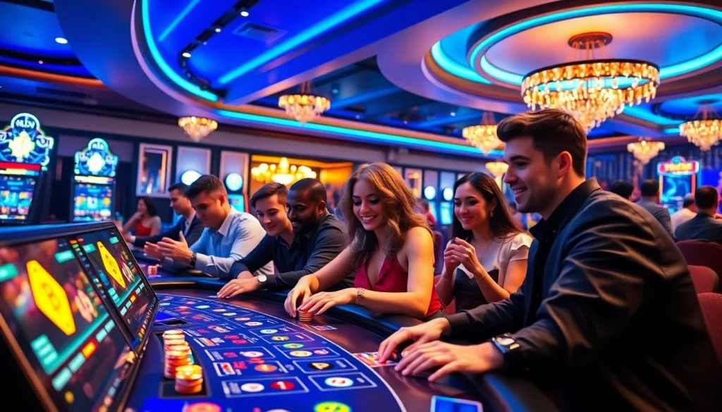 Joueurs engagés dans un btc casino animé avec des lumières vives et une ambiance festive.