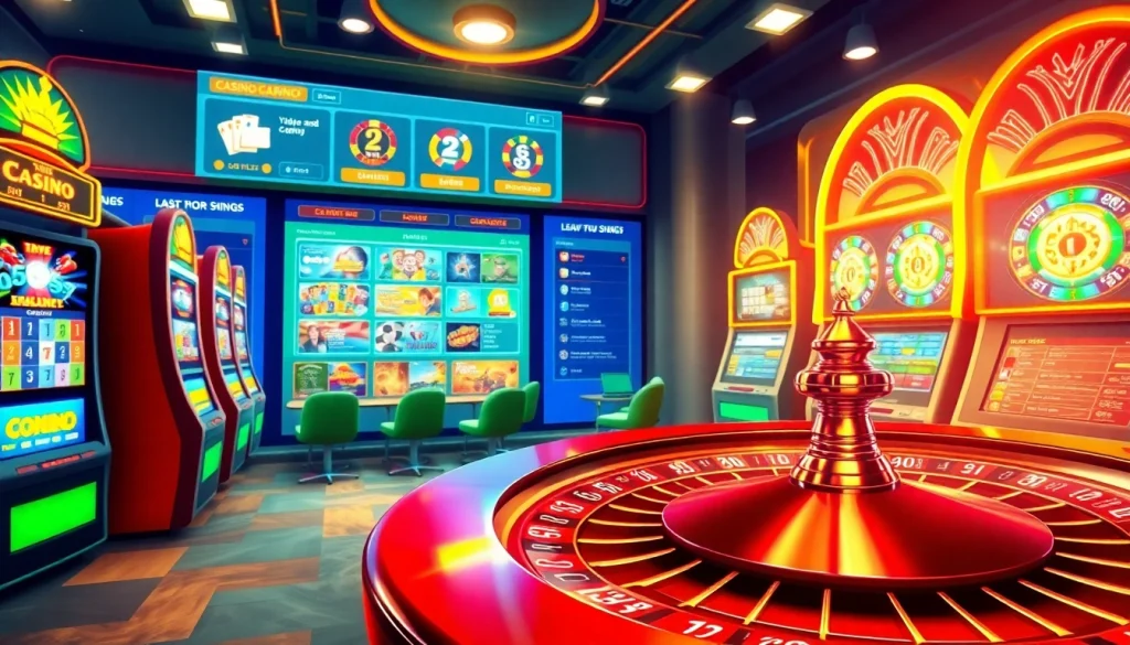 Découvrez un casino belgique en ligne animé avec des machines à sous et une roulette.