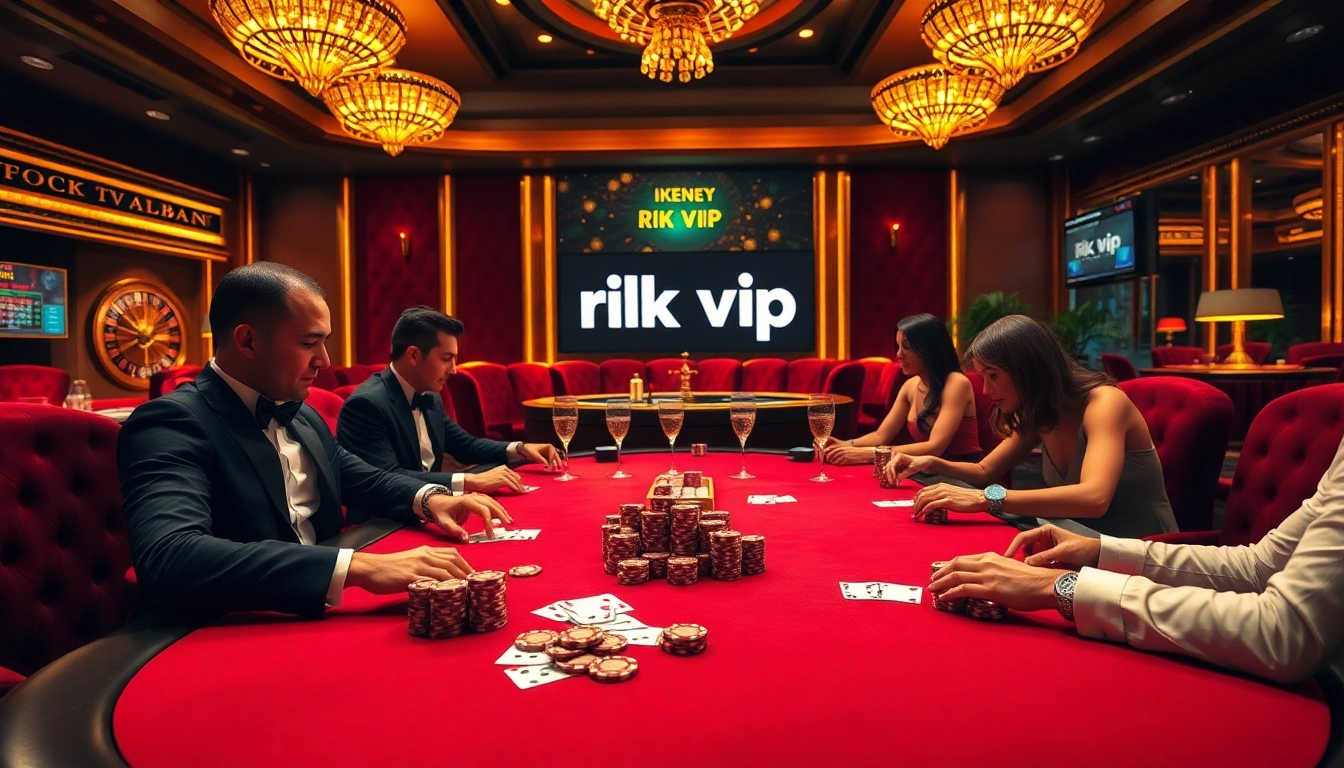 Players engage in a captivating poker game at rik vip casino, surrounded by luxury and excitement.