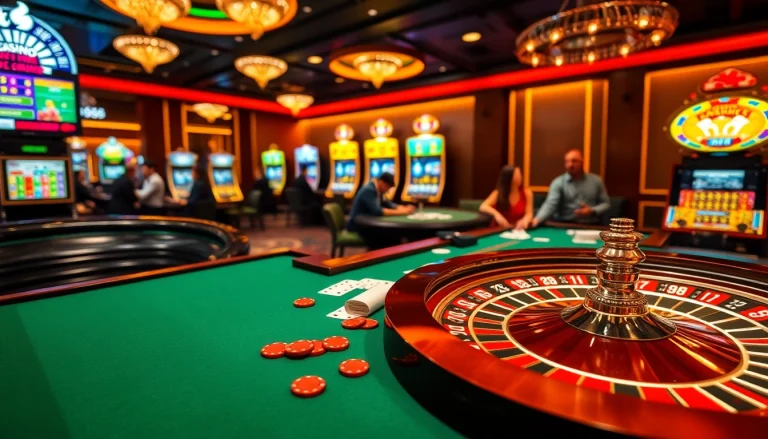 Experience the excitement of u888 com with players at a vibrant casino table amidst bright slot machines.