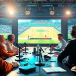 Engaging panel discussing Sports Broadcasting in a vibrant studio setting.
