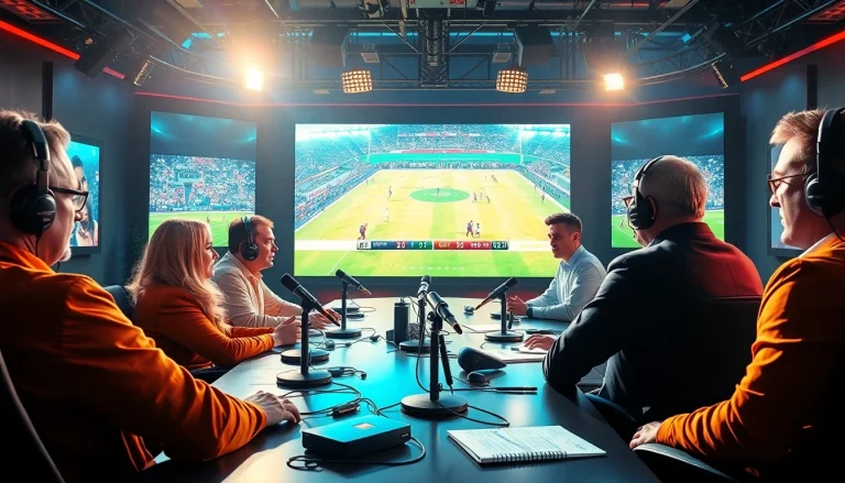 Engaging panel discussing Sports Broadcasting in a vibrant studio setting.