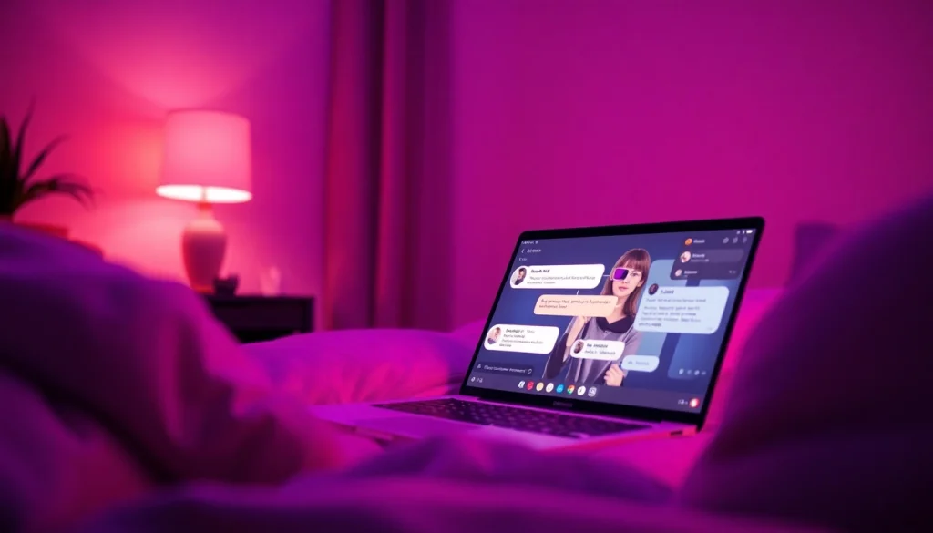 Engaging ai nsfw chat scenario featuring an AI character on a laptop in a cozy setting