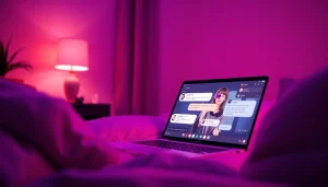 Engaging ai nsfw chat scenario featuring an AI character on a laptop in a cozy setting