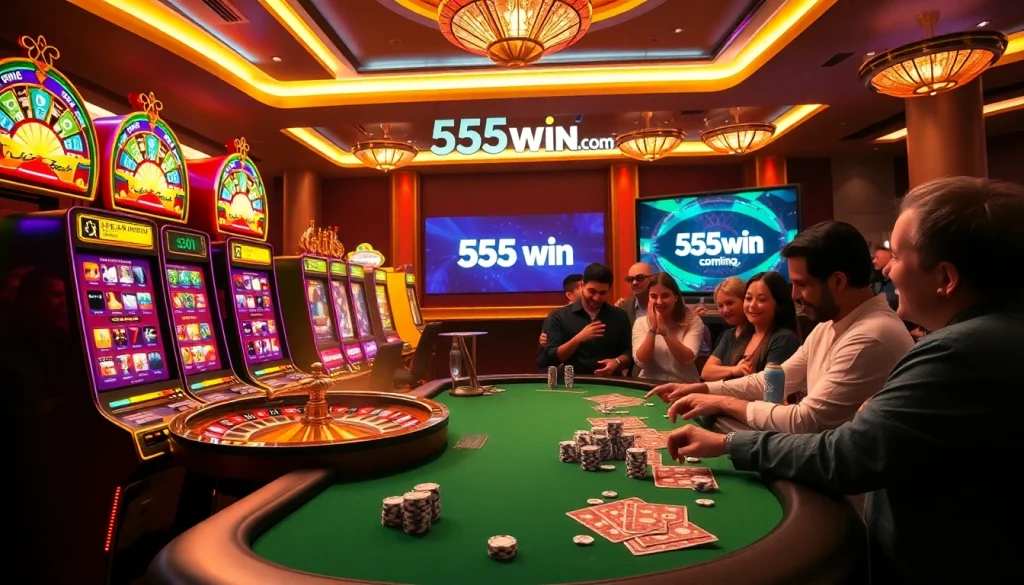 Exciting gambling scene at 555win com showcasing vibrant slot machines and a poker table.