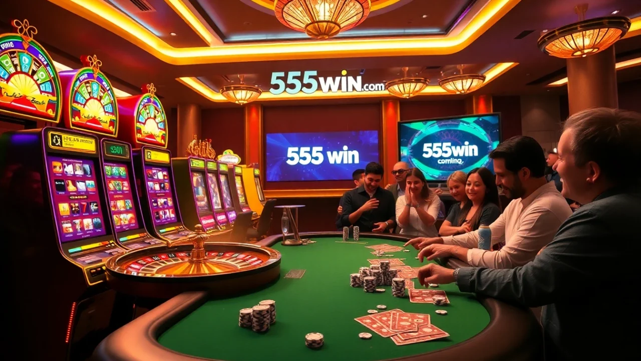 Exciting gambling scene at 555win com showcasing vibrant slot machines and a poker table.