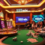 Exciting gambling scene at 555win com showcasing vibrant slot machines and a poker table.