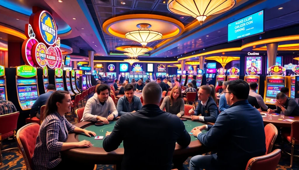 Les joueurs s'amusent au casino crypto France avec des machines à sous colorées en arrière-plan.