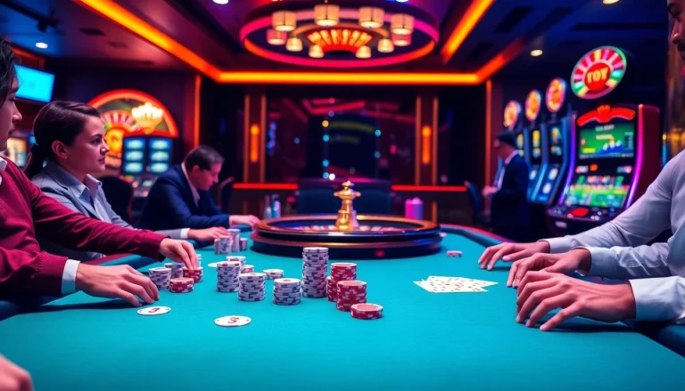 Exciting casino scene showcasing poker and 88CLB COM atmosphere with vibrant colors and luxury.