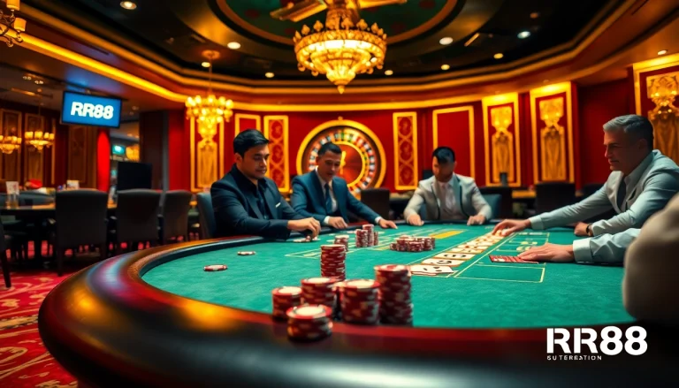RR88 high-stakes poker table scene showcasing excitement and luxury in gambling.