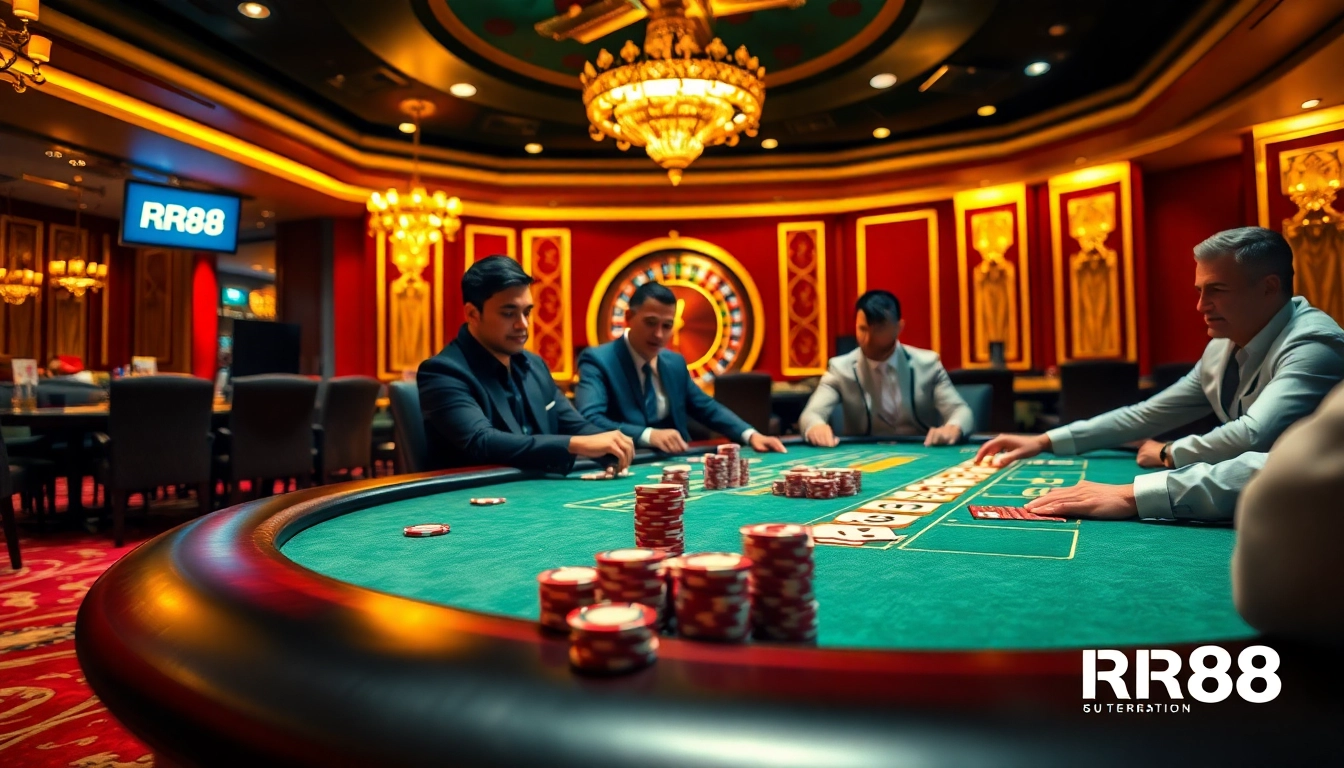 RR88 high-stakes poker table scene showcasing excitement and luxury in gambling.