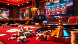 Engaging casino scene with poker chips and cards reflecting the excitement of hay88.