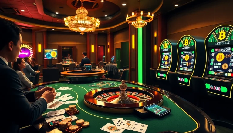 Exciting casino en ligne crypto scene with players enjoying digital games and vibrant gambling elements.